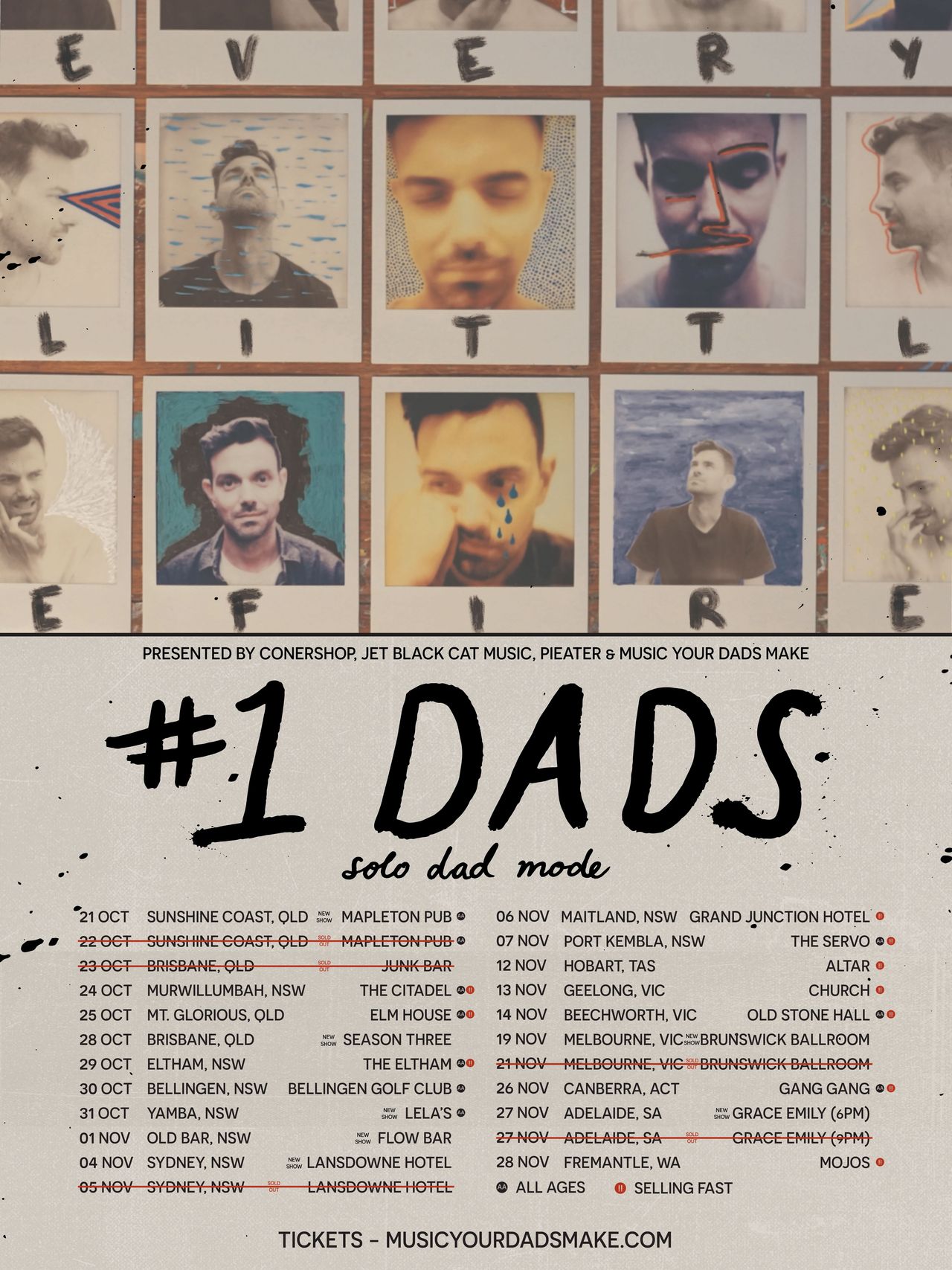 #1 Dads 'Solo Dad Mode' Australian tour poster featuring polaroid photos above concert dates from October to November.